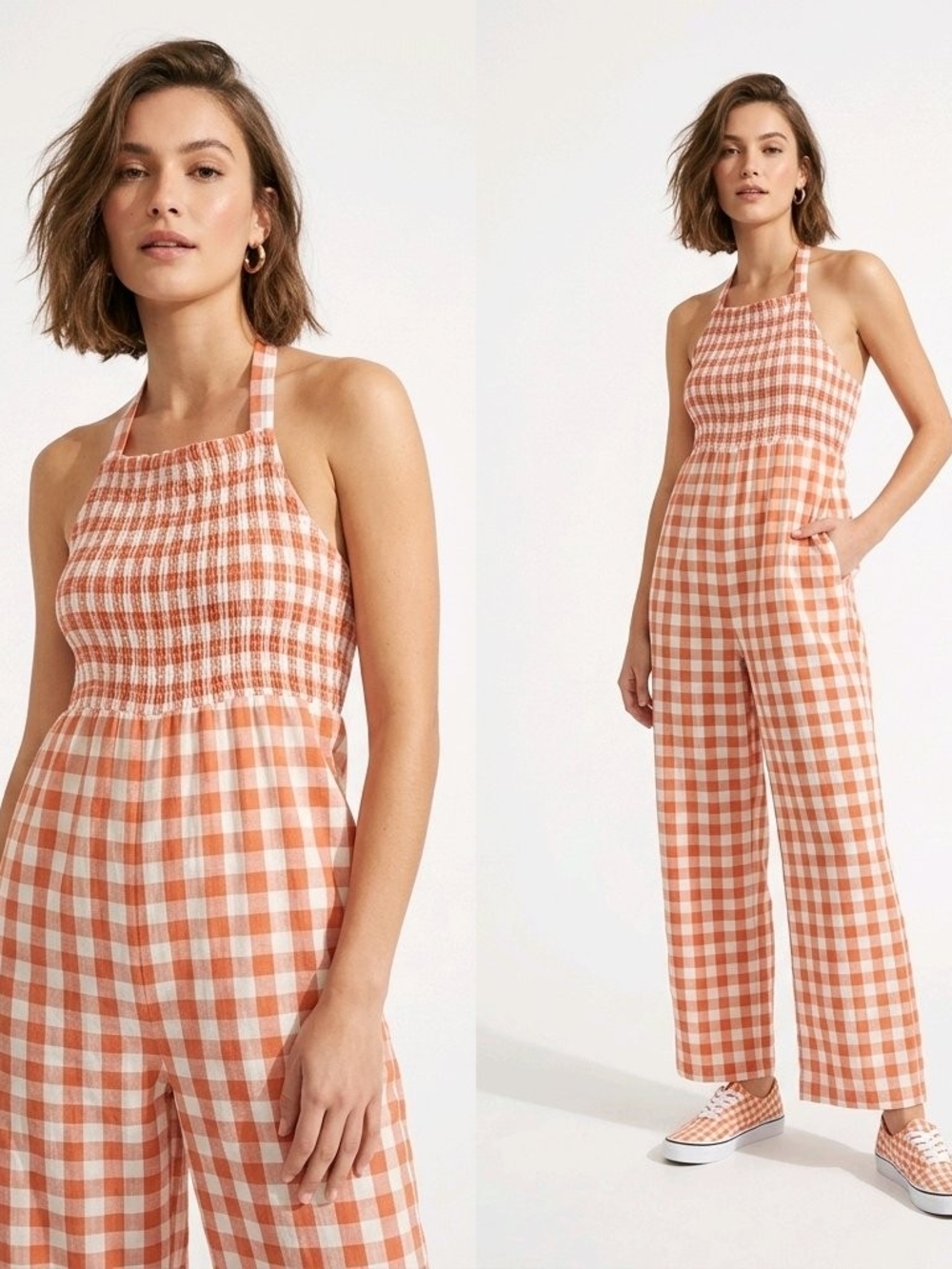 FIN & VINCE Gingham Halter Jumpsuit in Red & White